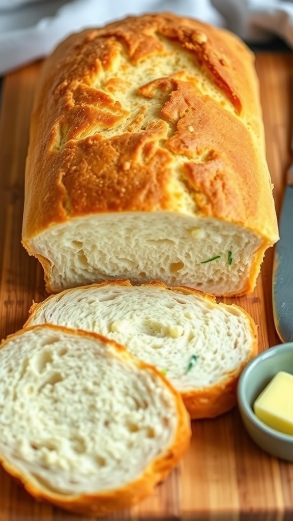 Freshly baked sourdough discard sandwich bread, sliced on a wooden board with butter.